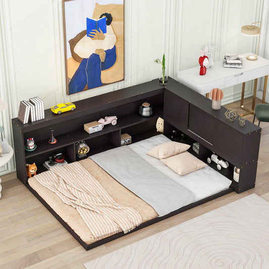 Full Floor Bed with L-shaped Bookcases, sliding doors,without slats,Espresso