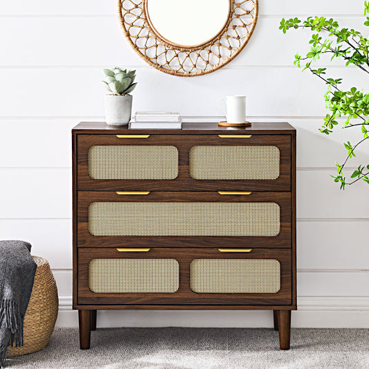 3 drawer dresser, modern rattan dresser cabinet with wide drawers and metal handles, farmhouse wooden storage chest of drawers for room, living room, hallway, entrance, office