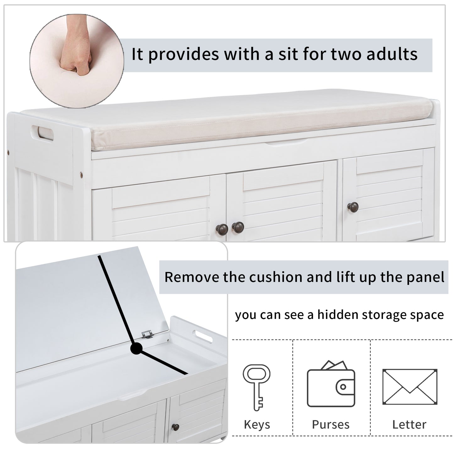 TREXM Storage Bench with 3 Shutter-shaped Doors, Shoe Bench with Removable Cushion and Hidden Storage Space (White, OLD SKU: WF284226AAK)