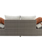 Salena Patio Sofa & Ottoman w/2 Pillows in Beige Fabric & Gray Wicker