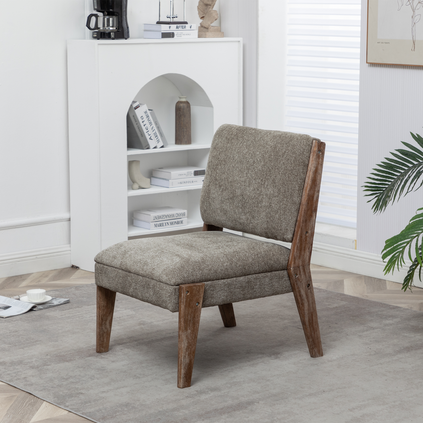 FONDHOME Chenille Single Accent Chair, Wooden Legs, Thick Upholstery, High Density Foam, Small Modern Armless Chair For Living Room Bedroom, Khaki