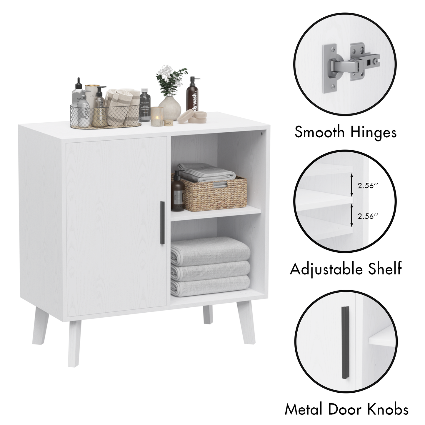 Wood Storage Cabinet, Modern Accent Buffet Cabinet, Free Standing Sideboard and Buffet Storage with Door and Shelves, Buffet Sideboard for Bedroom, Living Room, Kitchen or Hallway (White)