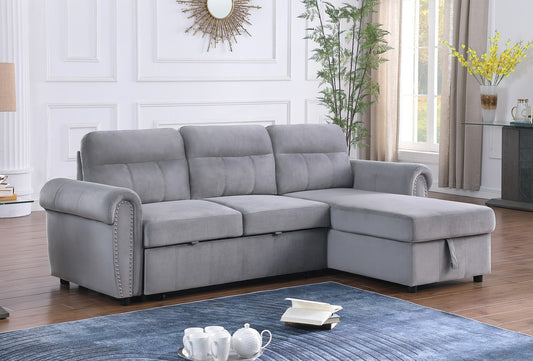 Ashton 96.5" Gray Velvet Fabric Reversible Sleeper Sectional Sofa Chaise