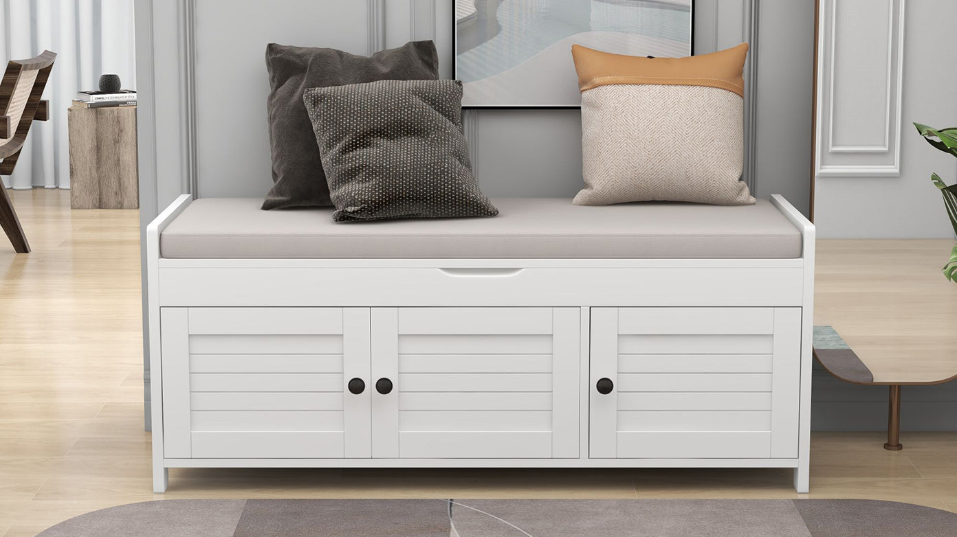 TREXM Storage Bench with 3 Shutter-shaped Doors, Shoe Bench with Removable Cushion and Hidden Storage Space (White, OLD SKU: WF284226AAK)