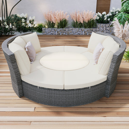 TOPMAX Patio 5-Piece Round Rattan Sectional Sofa Set All-Weather PE Wicker Sunbed Daybed with Round Liftable Table and Washable Cushions for Outdoor Backyard Poolside, Beige