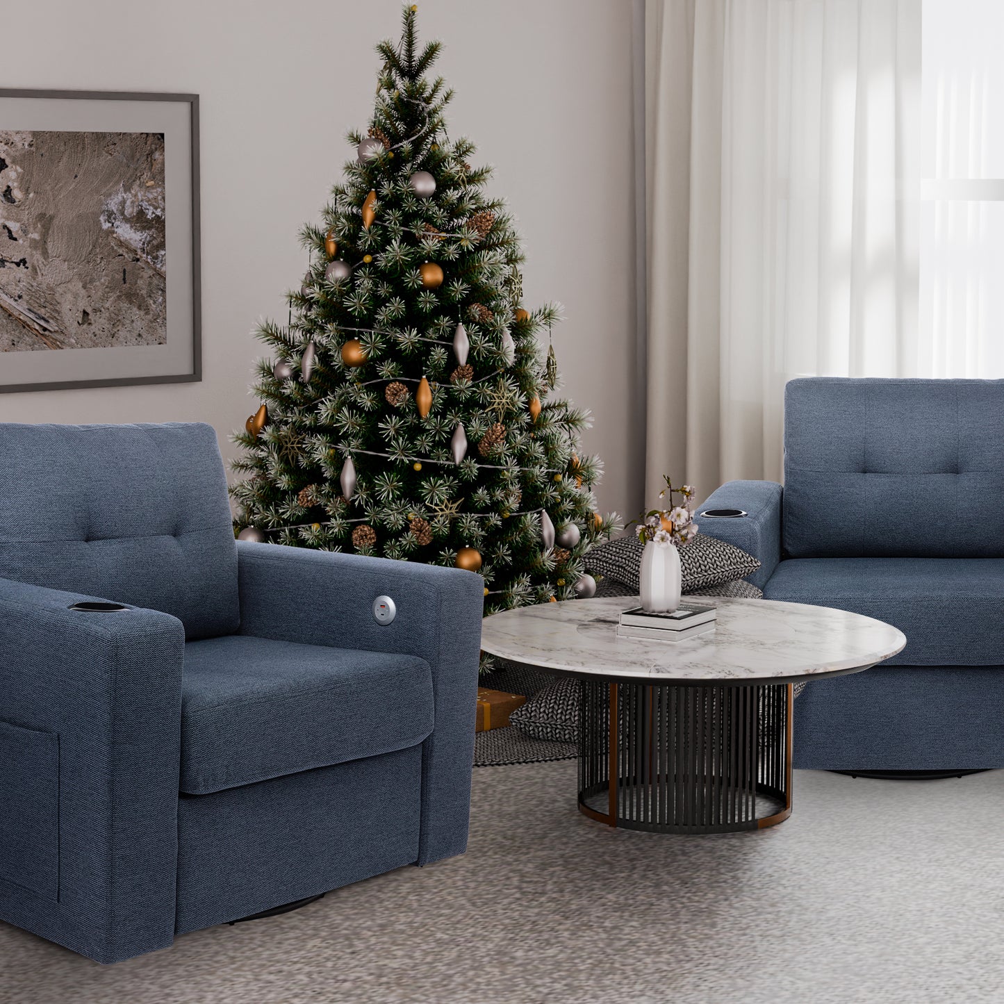 Modern Swivel Sofa, Ergonomic Casual 90 Degree Swivel Single Sofa Seat with Drink Holder Living Room Chair ,Soft Egyptian Velvet Sofa Chair (Blue)