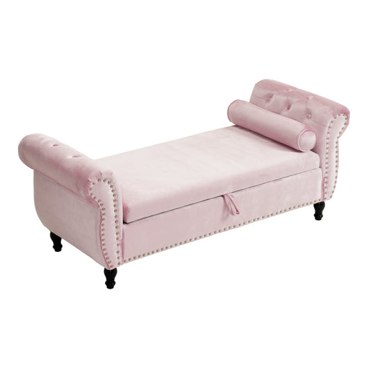 Velvet Multifunctional Storage Rectangular ottoman bench with 1 Pillow, Pink