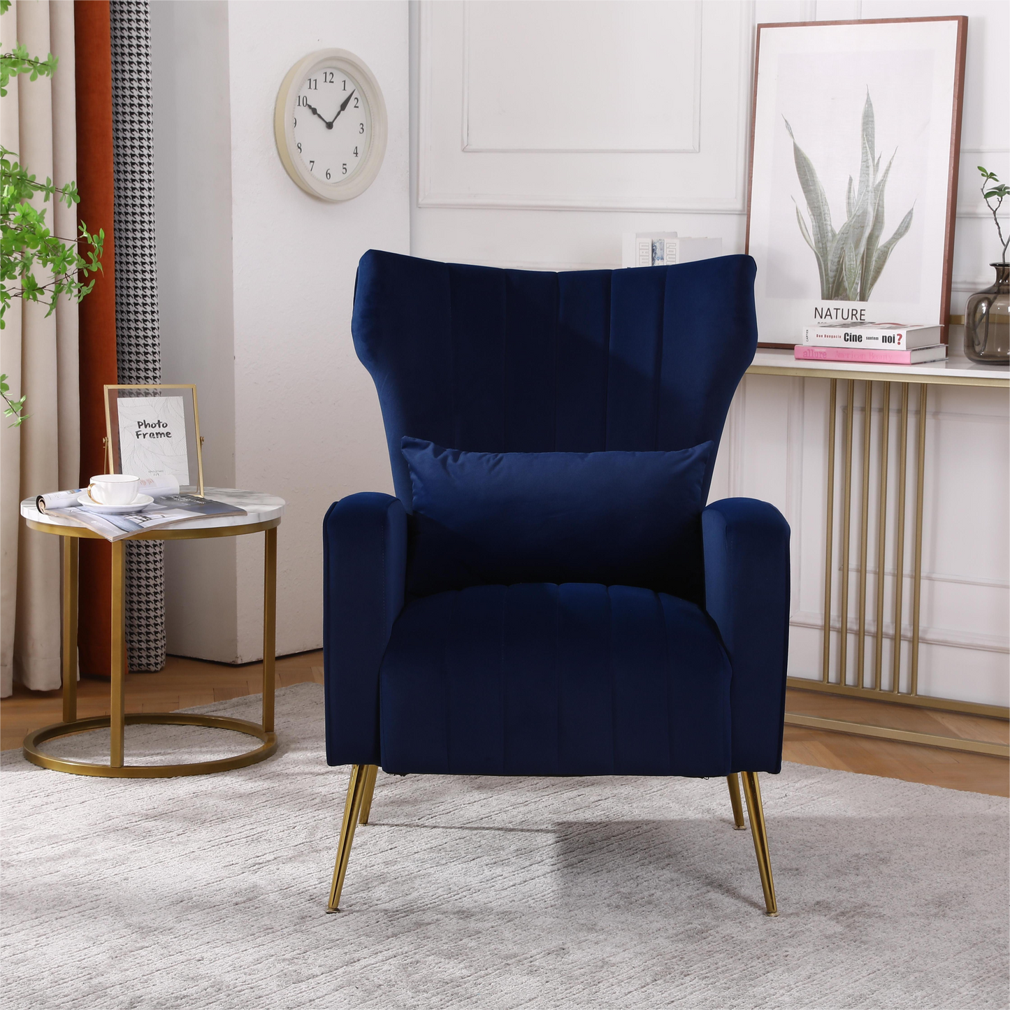 FONDHOME Velvet Accent Chair, Modern Living Room Armchair Comfy Upholstered Single Sofa Chair for Bedroom Dorms Reading Reception Room with Gold Legs & Small Pillow, Royal Blue