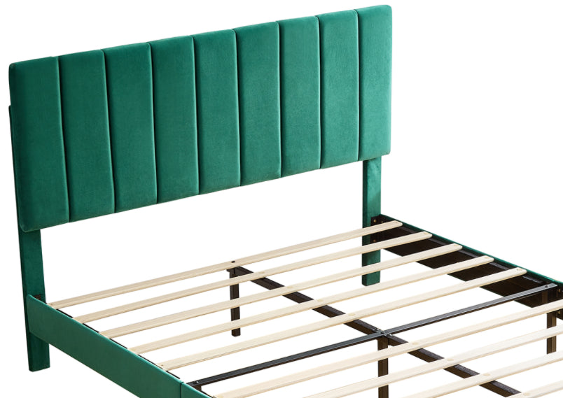 Full Size Frame Platform Bed with Upholstered Headboard and Slat Support, Heavy Duty Mattress Foundation, No Box Spring Required, Easy to Assemble, Green