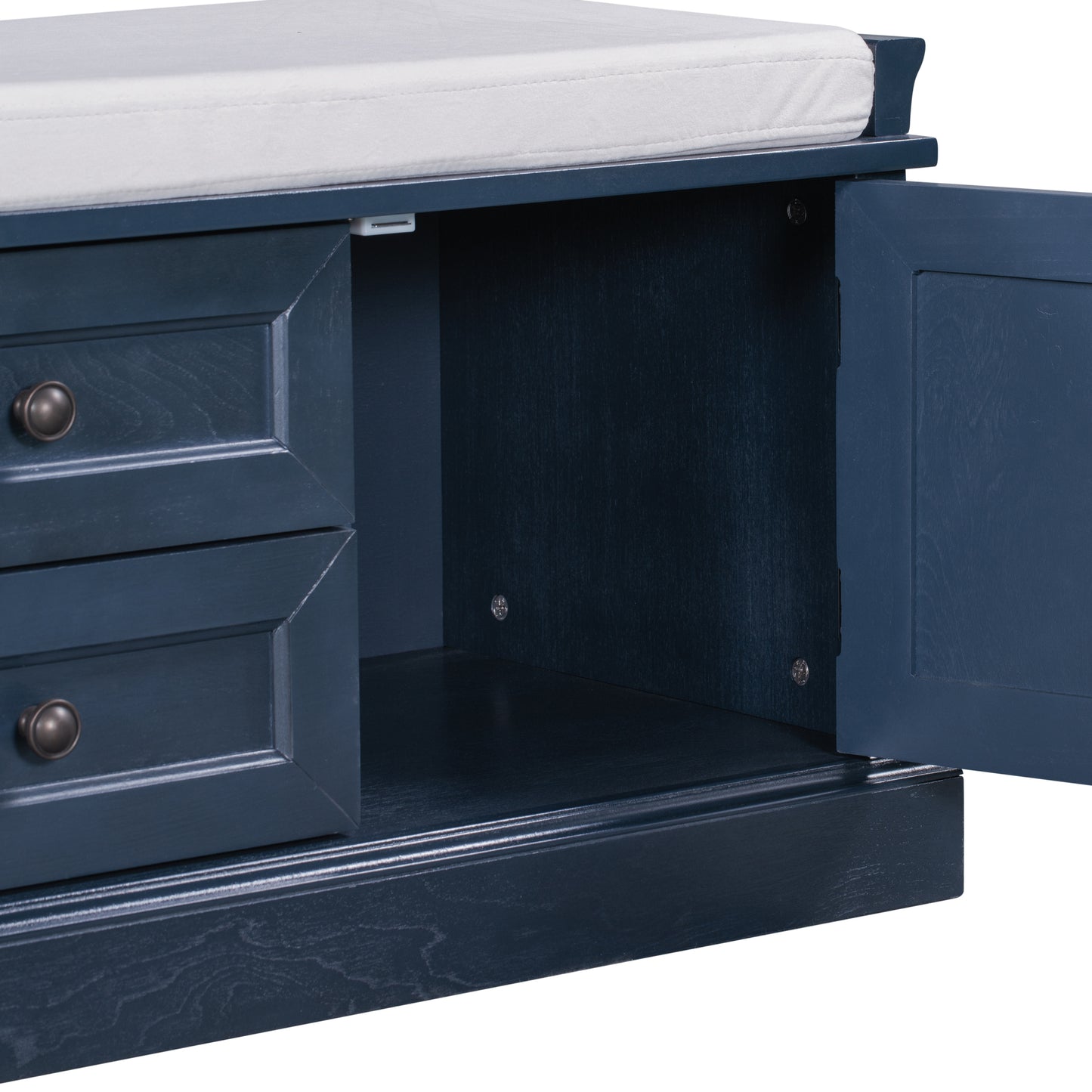 TREXM Storage Bench with 2 Drawers and 2 Cabinets, Shoe Bench with Removable Cushion for Living Room, Entryway (Antique Navy)