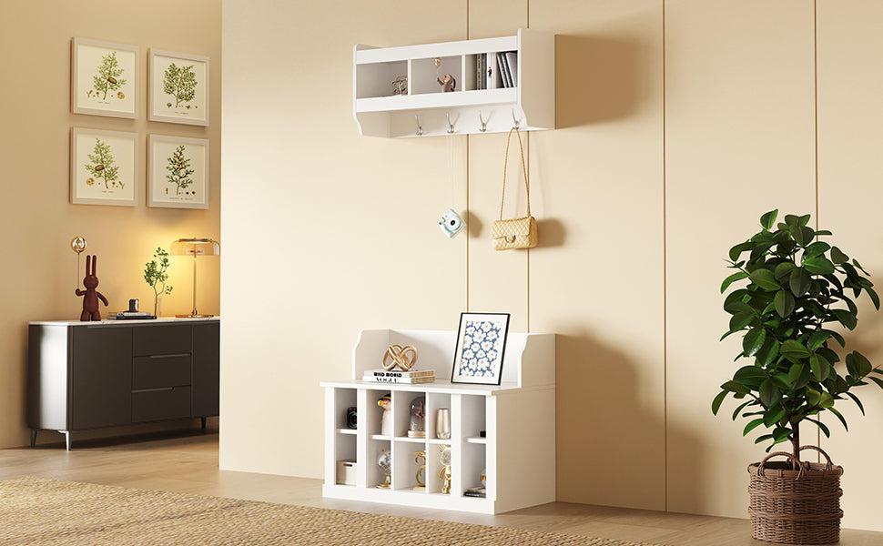 ON-TREND Shoe Storage Bench with Shelves and 4 Hooks, Elegant Hall Tree with Wall Mounted Coat Rack, Entryway Organizer For Hallway, Foyer, Mudroom, White