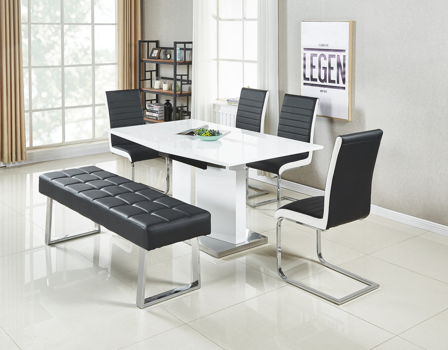 Dining Chairs Soft Long Seat Dining Bench White Black Grey Faux Leather Steel Base Lounge Stool (Black)