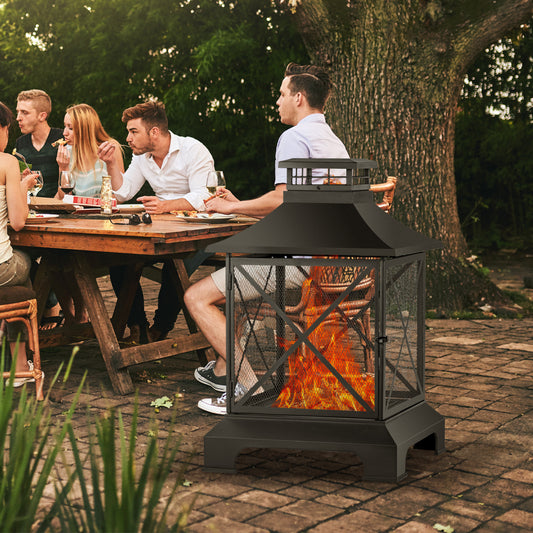 24" Pagoda-Style Steel Wood-Burning Fire Pit with Log Grate and Poker - Black High-Temperature Paint Finish