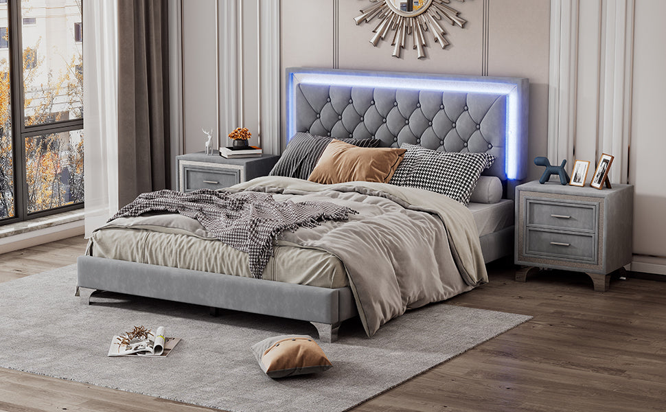 3-Pieces Bedroom Sets,Queen Size Upholstered Platform Bed with LED Lights and Two Nightstands-Gray