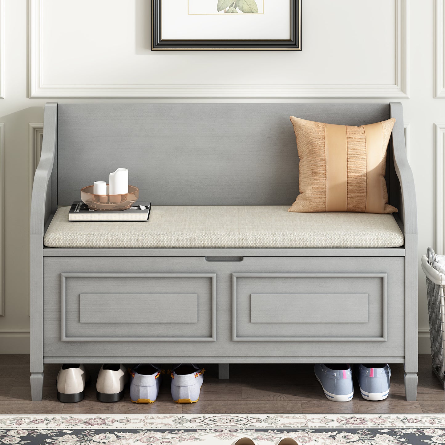 TREXM Rustic Style Solid wood Entryway Multifunctional Storage Bench with Safety Hinge (Gray Wash+ Beige)