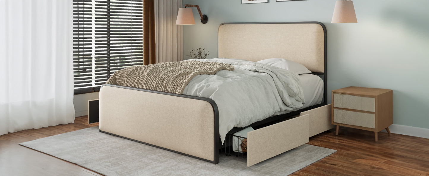 Modern Metal Bed Frame with Curved Upholstered Headboard and Footboard Bed with 4 Storage Drawers, Heavy Duty Metal Slats, Queen Size, Beige