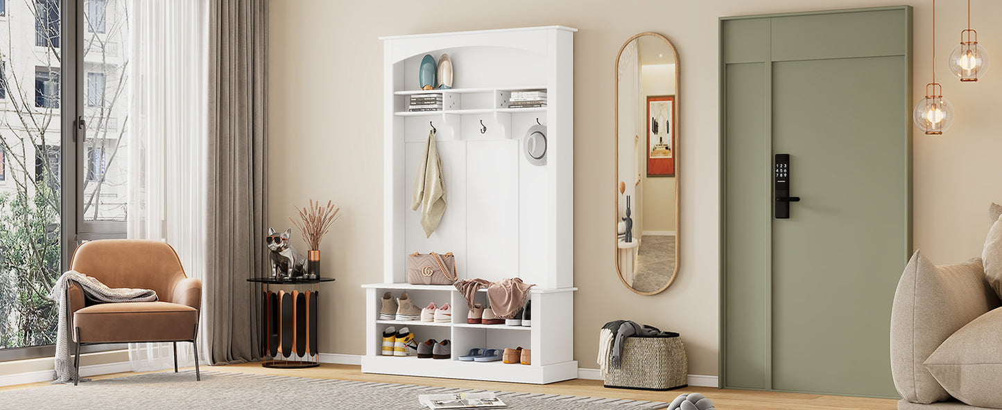 ON-TREND 47.2'' Wide Hall Tree with Bench and Shoe Storage, Multi-functional Storage Bench with 3 Hanging Hooks & Open Storage Space, Rectangle Storage & Shelves Coat Rack for Hallway, White
