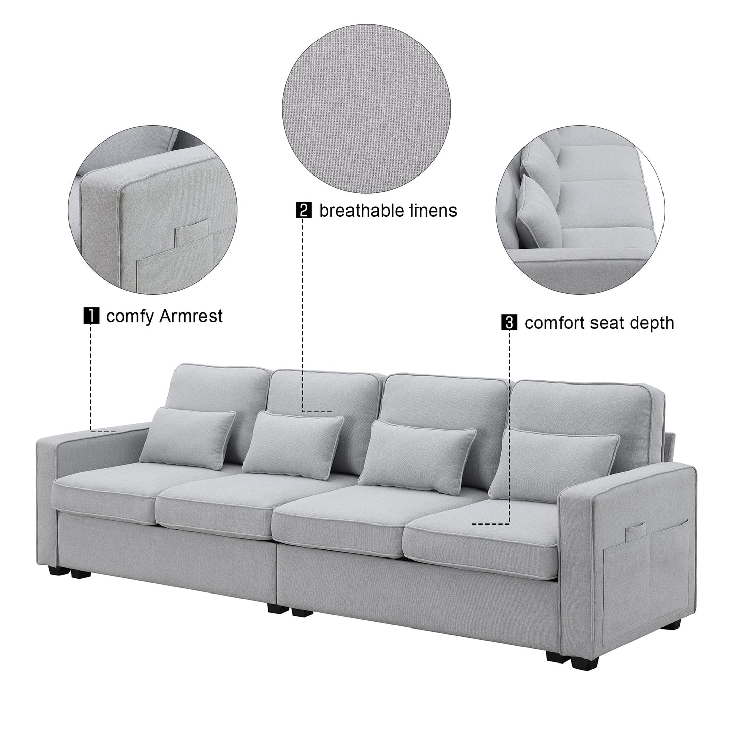 [VIDEO provided] [New] 104" 4-Seater Modern Linen Fabric Sofa with Armrest Pockets and 4 Pillows,Minimalist Style Couch for Living Room, Apartment, Office,3 Colors