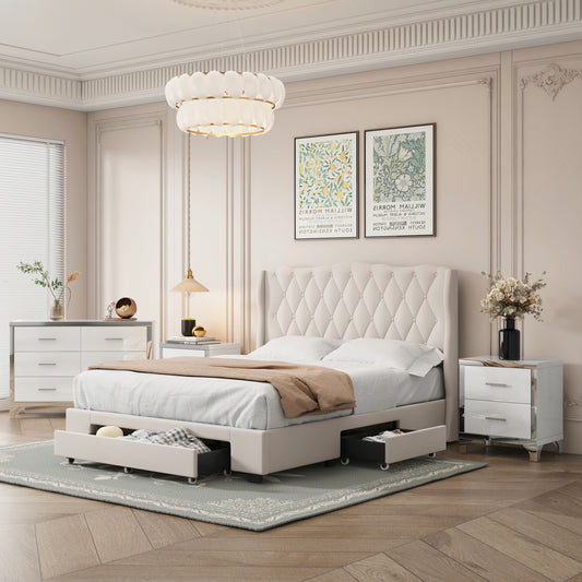 4-Pieces Bedroom Sets Queen Size Upholstered Bed with Three Drawers, High Gloss Mirrored Nightstands and Dresser with Metal handles and Legs