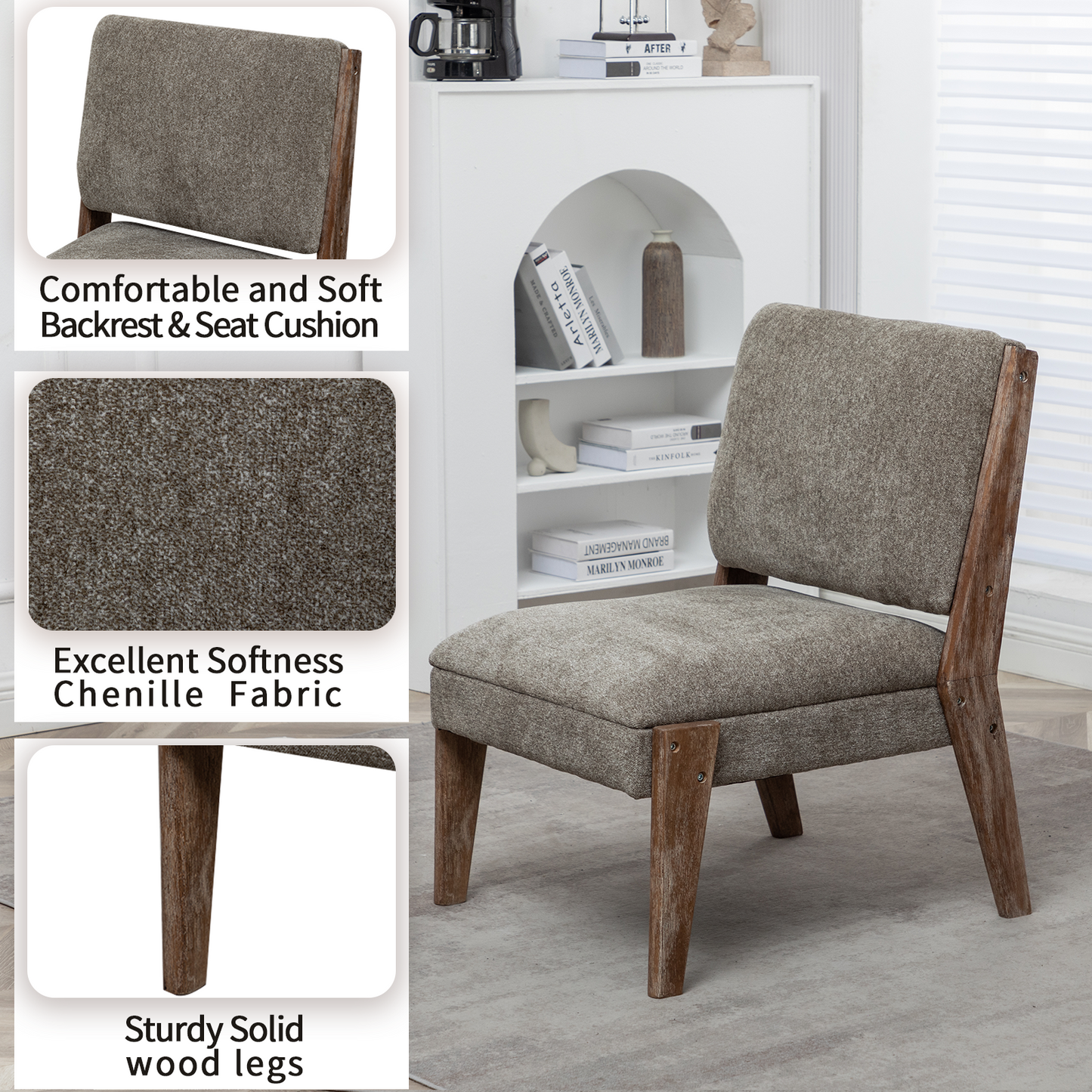 FONDHOME Chenille Single Accent Chair, Wooden Legs, Thick Upholstery, High Density Foam, Small Modern Armless Chair For Living Room Bedroom, Khaki