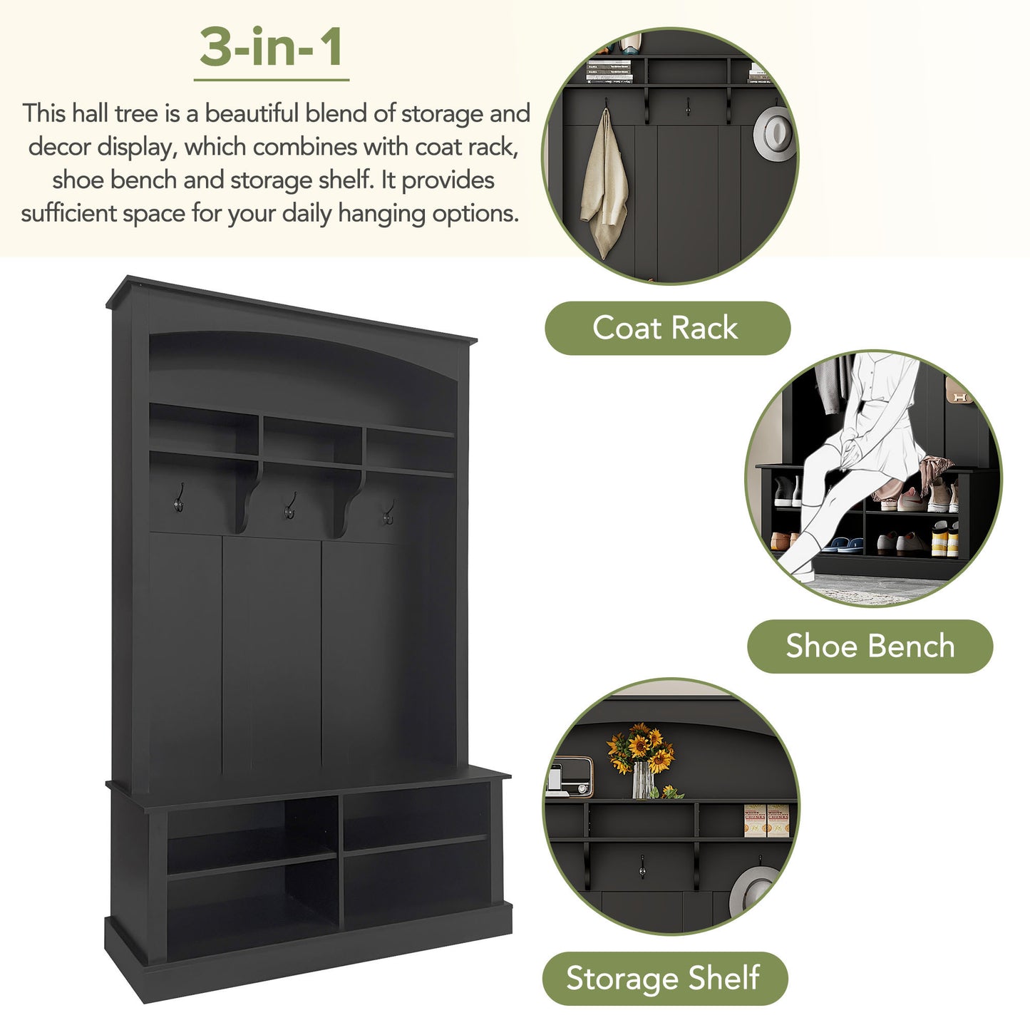 ON-TREND 47.2'' Wide Hall Tree with Bench and Shoe Storage, Multi-functional Storage Bench with 3 Hanging Hooks & Open Storage Space, Rectangle Storage & Shelves Coat Rack for Hallway, Black