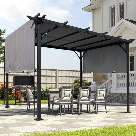 9.5 x 12 Ft Outdoor Pergola Patio Gazebo,Retractable Shade Canopy,Steel  Frame Grape Gazebo,Sunshelter Pergola for Gardens,Terraces,Backyard-Grey