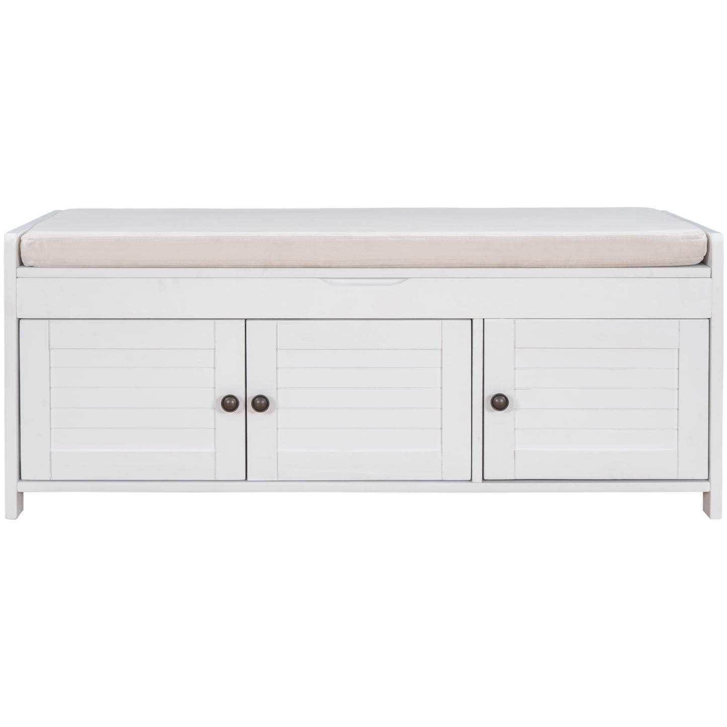 TREXM Storage Bench with 3 Shutter-shaped Doors, Shoe Bench with Removable Cushion and Hidden Storage Space (White, OLD SKU: WF284226AAK)