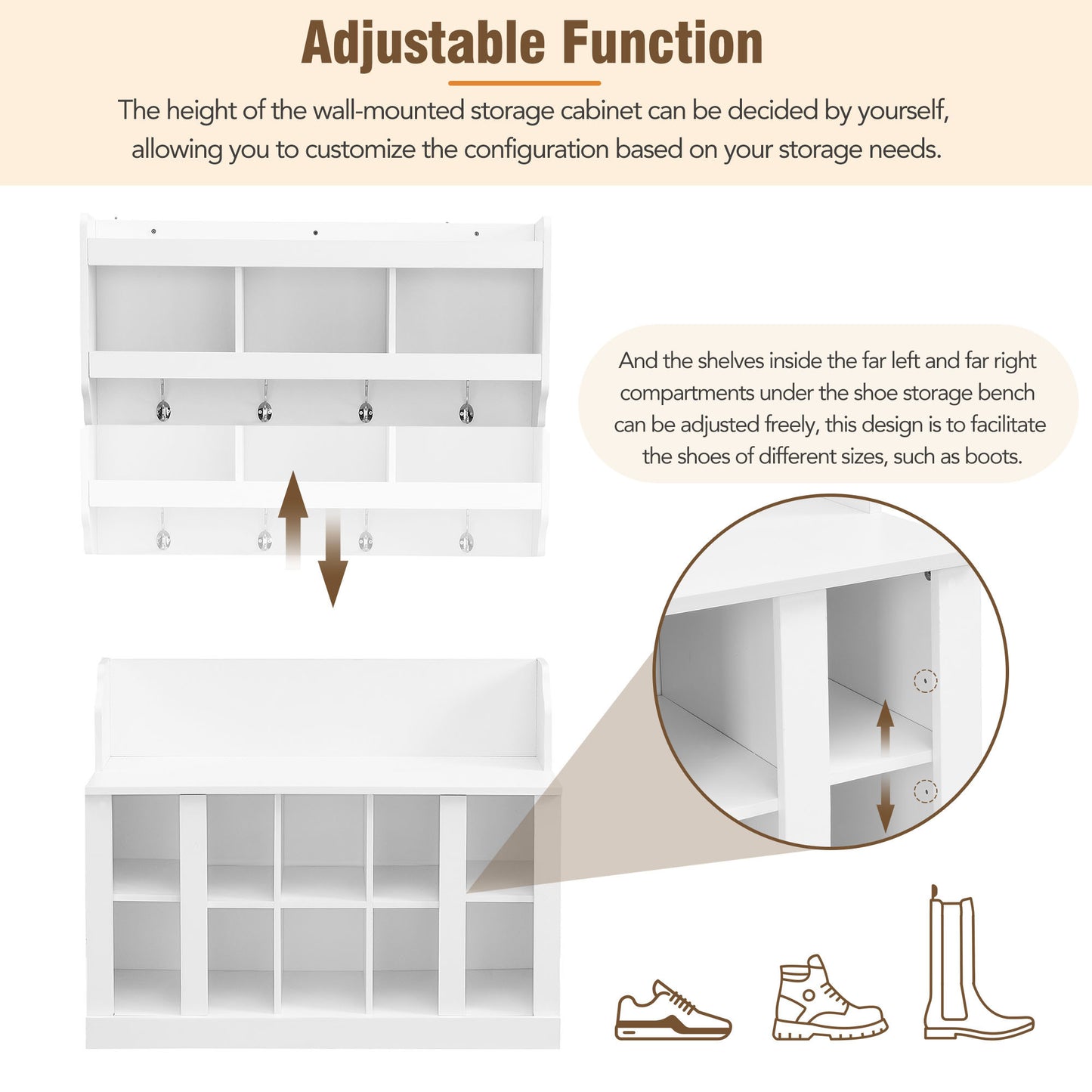 ON-TREND Shoe Storage Bench with Shelves and 4 Hooks, Elegant Hall Tree with Wall Mounted Coat Rack, Entryway Organizer For Hallway, Foyer, Mudroom, White