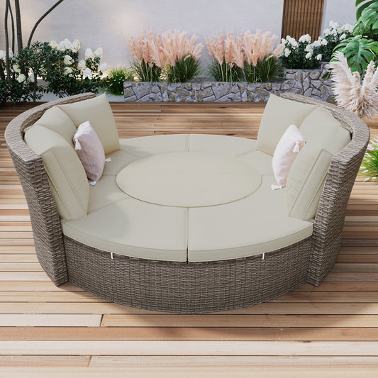 TOPMAX Patio 5-Piece Round Rattan Sectional Sofa Set All-Weather PE Wicker Sunbed Daybed with Round Liftable Table and Washable Cushions for Outdoor Backyard Poolside, Gray
