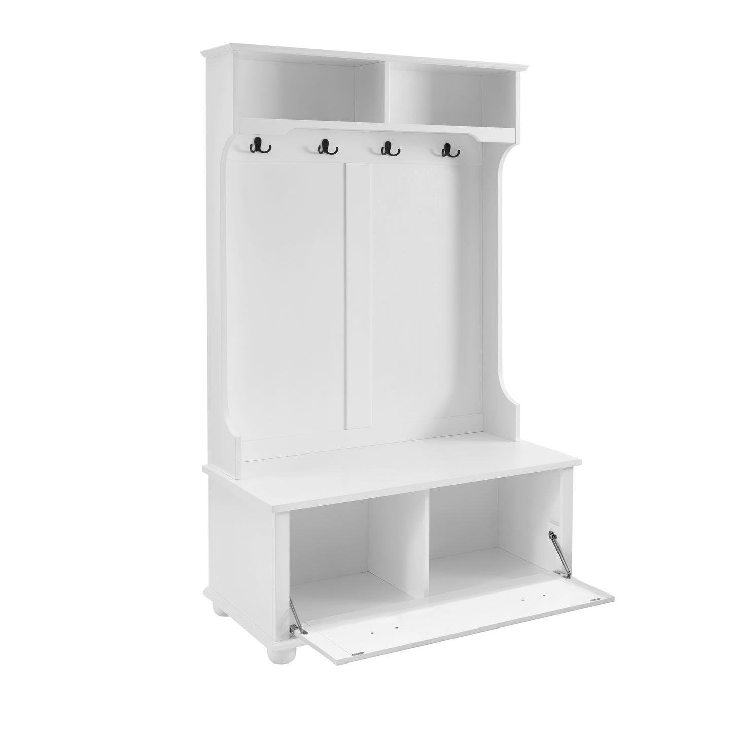 Classic Cosatal Style Hall Tree Entryway Bench with Open Shelves and Shoe Cabinets, SOLID WOOD Feet, White, 40.16"W*18.58"D*64.17"H