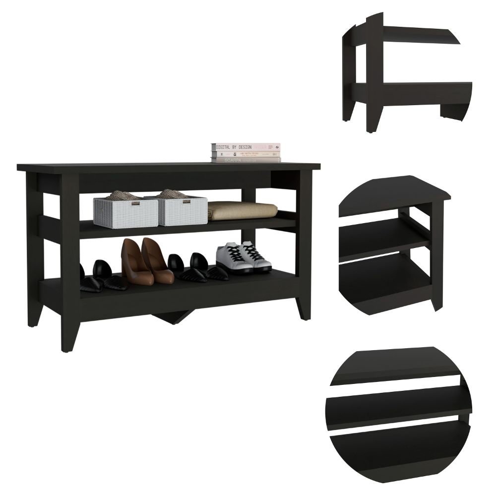 Misuri Storage Bench, Four Legs, Two Open Shelves -Black