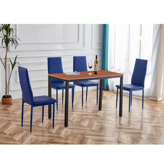 Retro style dining table and chair hotel dining table and chair conference chair outdoor activity chair pu leather high elastic fireproof sponge dining table and chair 5-piece set(light coffee+blue)