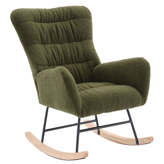 Nursery Rocking Chair, Teddy Upholstered Glider Rocker, Rocking Accent Chair with High Backrest, Comfy Rocking Accent Armchair for Living Room, Bedroom, Offices, DARK GREEN