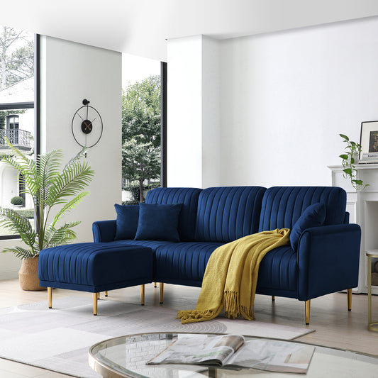 Modern Velvet Upholstered Reversible Sectional 3 Seat Sofa , L-Shaped Couch with Movable Ottoman and Gold Legs For Living Room (Blue)