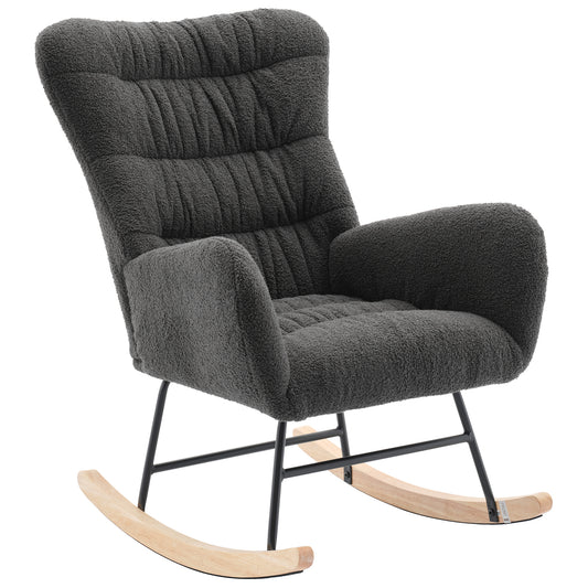 Nursery Rocking Chair, Teddy Upholstered Glider Rocker, Rocking Accent Chair with High Backrest, Comfy Rocking Accent Armchair for Living Room, Bedroom, Offices, DARK GRAY