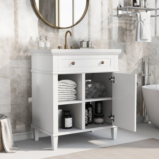 30" Bathroom Vanity with Ceramic Sink Set, One Cabinet and Adjustable Shelf, White (OLD SKU: SY999303AAK)