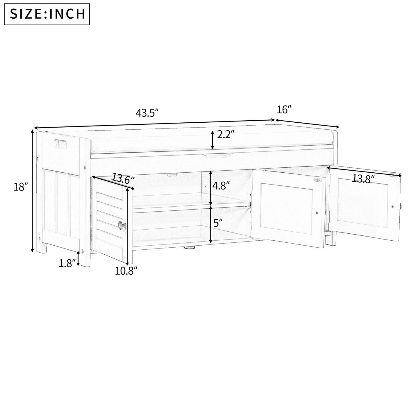 TREXM Storage Bench with 3 Shutter-shaped Doors, Shoe Bench with Removable Cushion and Hidden Storage Space (White, OLD SKU: WF284226AAK)