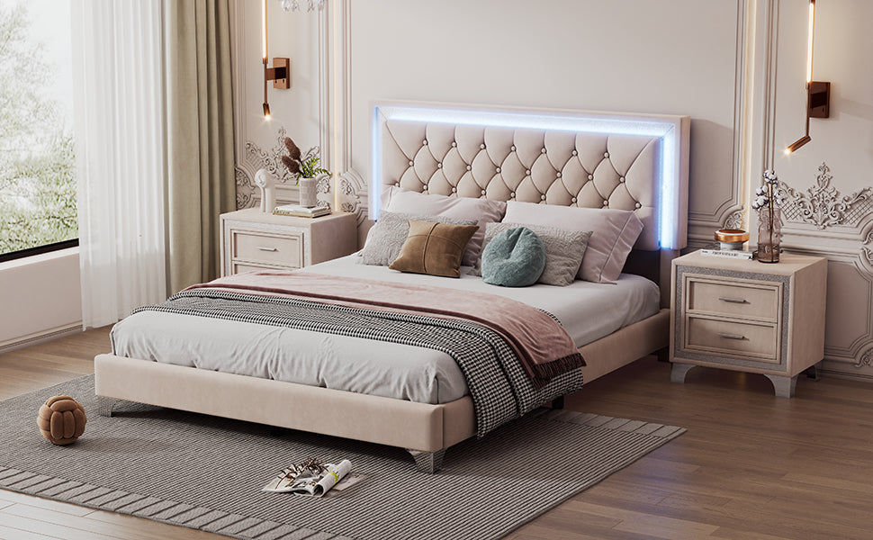 3-Pieces Bedroom Sets,Queen Size Upholstered Platform Bed with LED Lights and Two Nightstands-Beige
