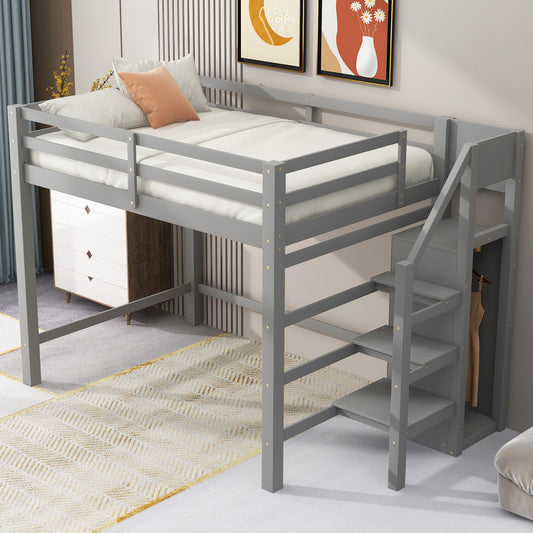 Full Size Loft Bed with Built-in Storage Wardrobe and Staircase, Gray