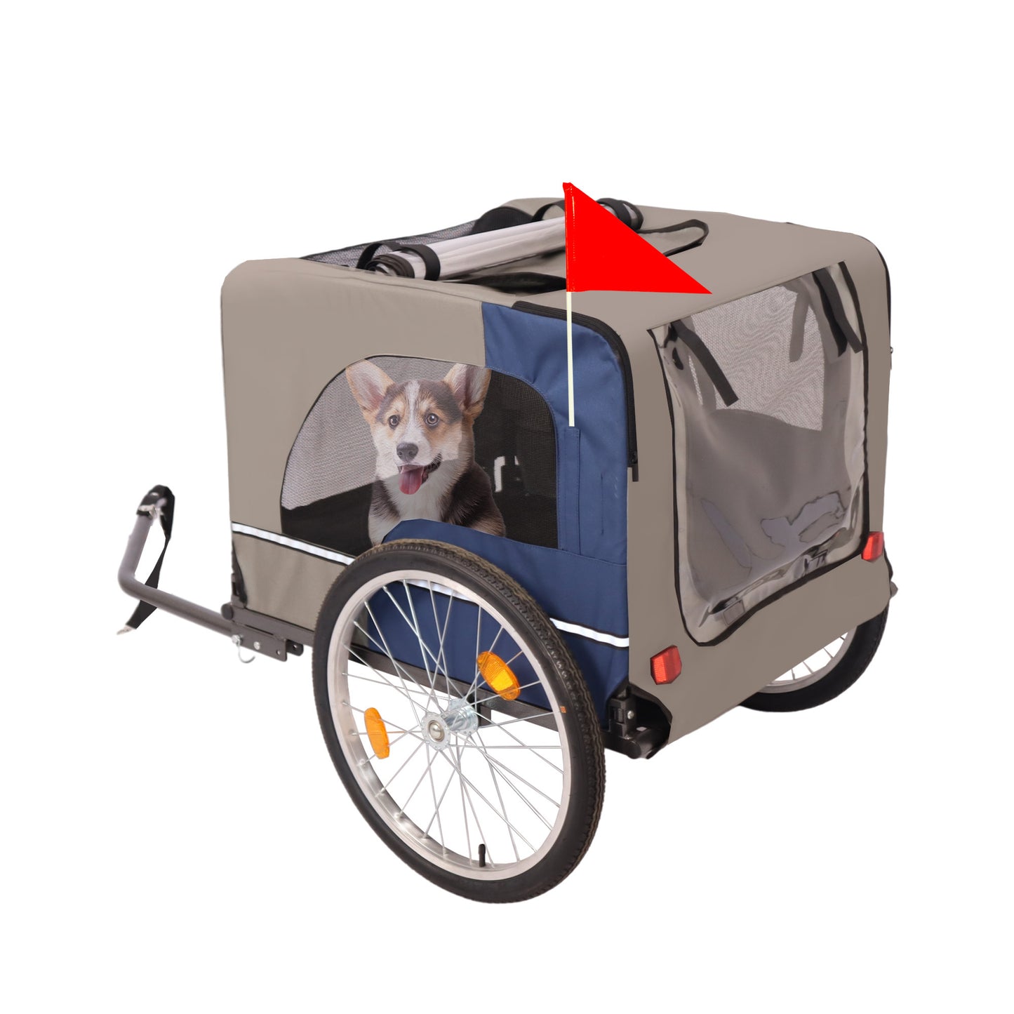 Tangkula Dog Bike Trailer, Breathable Mesh Dog Cart with 3 Entrances, Safety Flag, 8 Reflectors, Folding Pet Carrier Wagon with 20 Inch Wheels, Bicycle Carrier for Medium and Small Sized Dogs