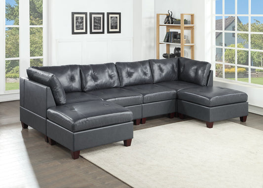 Genuine Leather Black Tufted 6pc Sectional Set 2x Corner Wedge 2x Armless Chair 2x Ottomans Living Room Furniture Sofa Couch