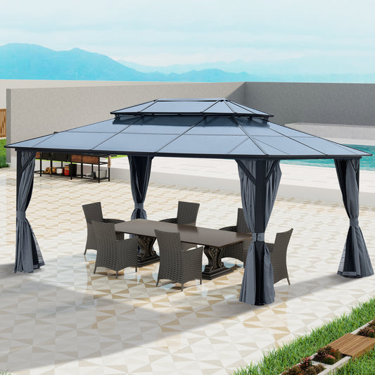 12' x 16' Gazebo Polycarbonate Double Roof Canopy Outdoor Aluminum Frame Pergola, Permanent Pavilion with Netting and Curtains for Garden Patio Lawns Parties