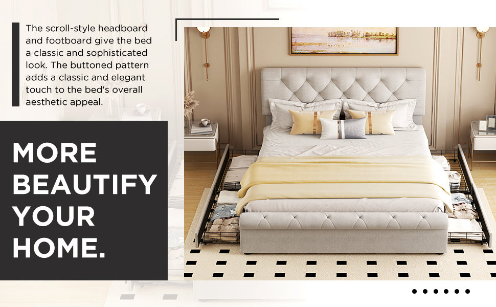 Queen size Upholstered Platform bed with Four Drawers, Antique Curved Headboard, Linen Fabric, Beige (without mattress)