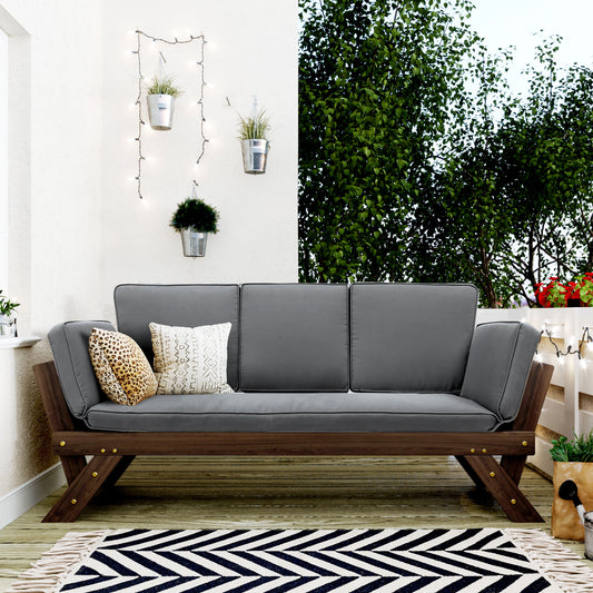 TOPMAX Outdoor Adjustable Patio Wooden Daybed Sofa Chaise Lounge with Cushions for Small Places, Brown Finish+Gray Cushion
