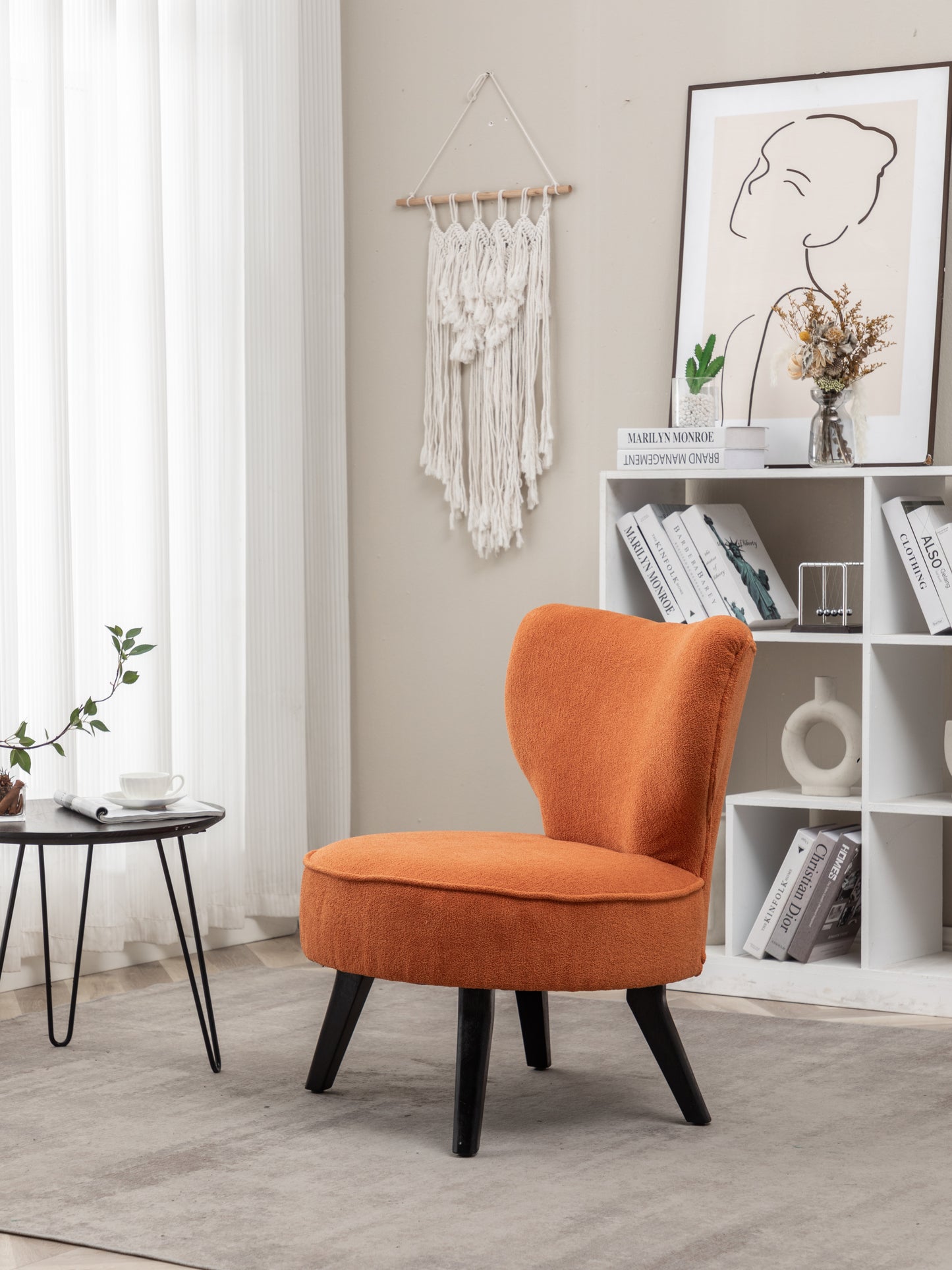 Teddy velvet Single accent chair, wooden legs, padded upholstery, High density foam, small modern armless chair, living room bedroom, ORANGE