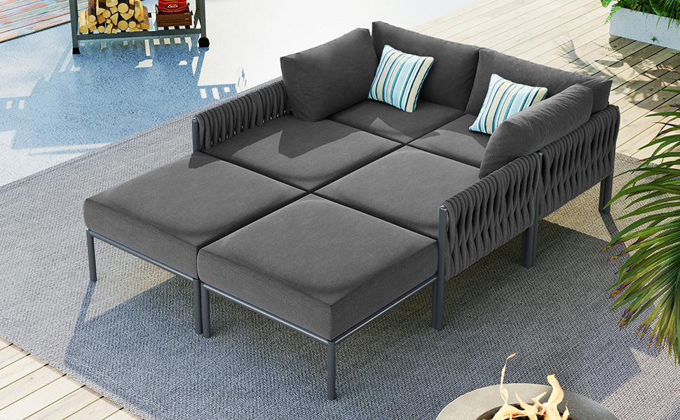 GO 6-Pieces Aluminum Patio Furniture Set, Modern Metal Outdoor Conversation Set Sectional Sofa With Removable Olefin Extra Thick Cushions 5.9" Cushion, Grey