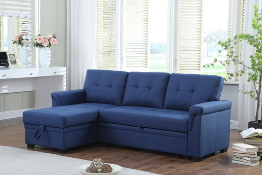 Lucca 84" Blue Linen Reversible Sleeper Sectional Sofa with Storage Chaise
