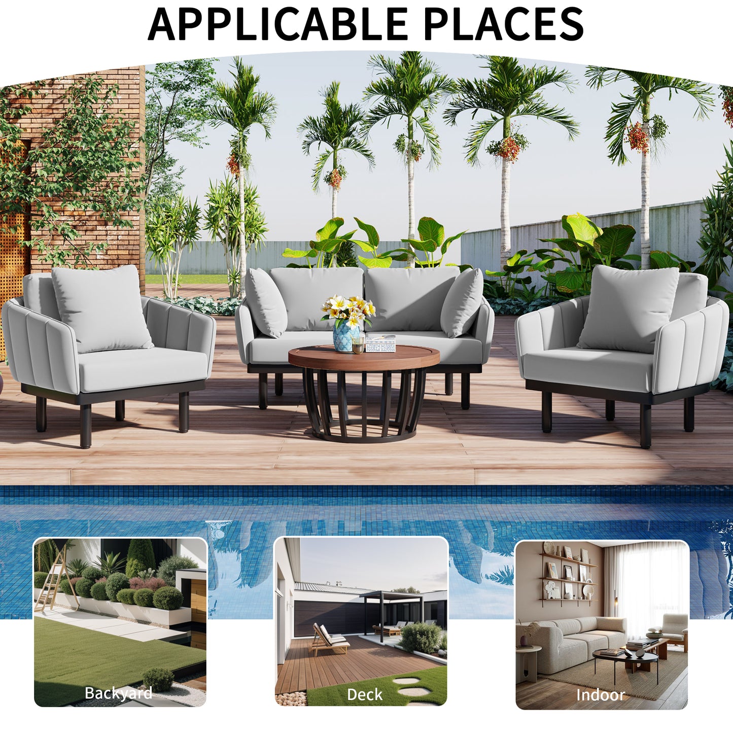 TOPMAX Luxury Modern 4-Piece Outdoor Iron Frame Conversation Set, Patio Chat Set with Acacia Wood Round Coffee Table for Backyard, Deck, Poolside, Indoor Use, Loveseat+Arm Chairs, Gray