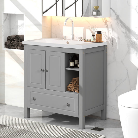 [VIDEO] 30" Bathroom Vanity with Sink, Bathroom Storage Cabinet with Doors and Drawers, Solid Wood Frame, Ceramic Sink, Grey (OLD SKU: JL000002AAG)