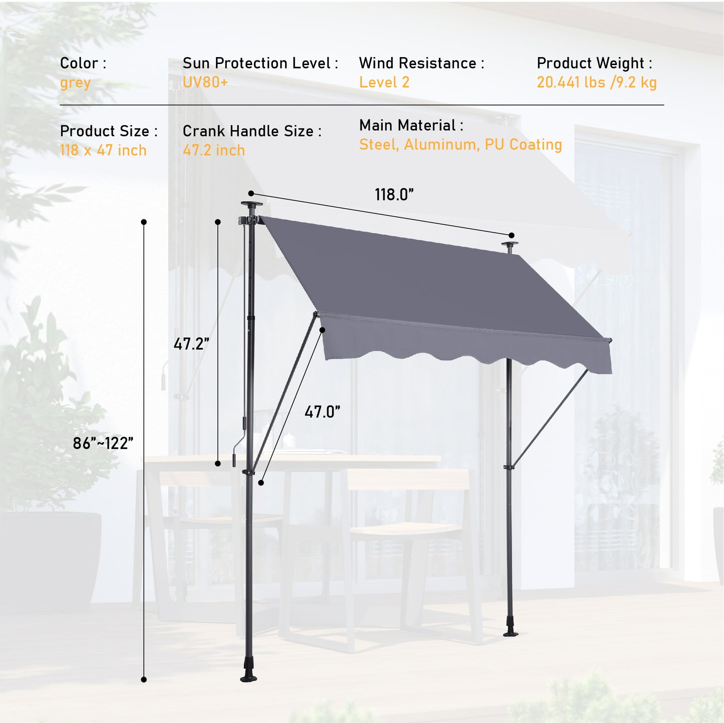 Manual Retractable Awning-118'' Non-Screw Outdoor Sun Shade Cover with UV Protection – 100% Polyester Made Outdoor Canopy Adjustable Patio Door Window Awning Canopy Sun Shade Curtain for Backyard,Gay